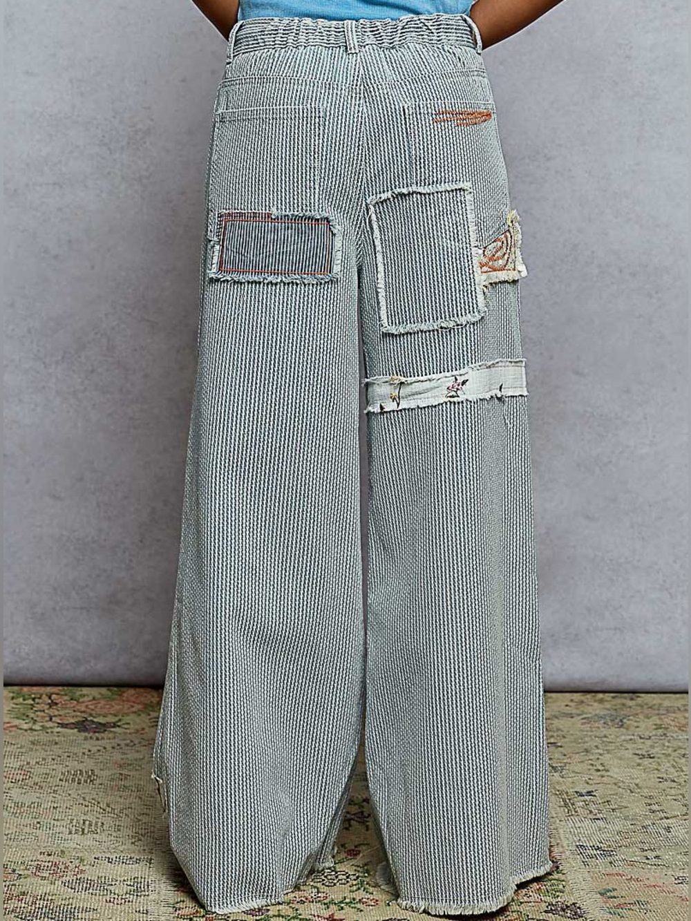 965. POL Striped Denim Wide-Leg Patchwork Pants - Picture 2 of 2